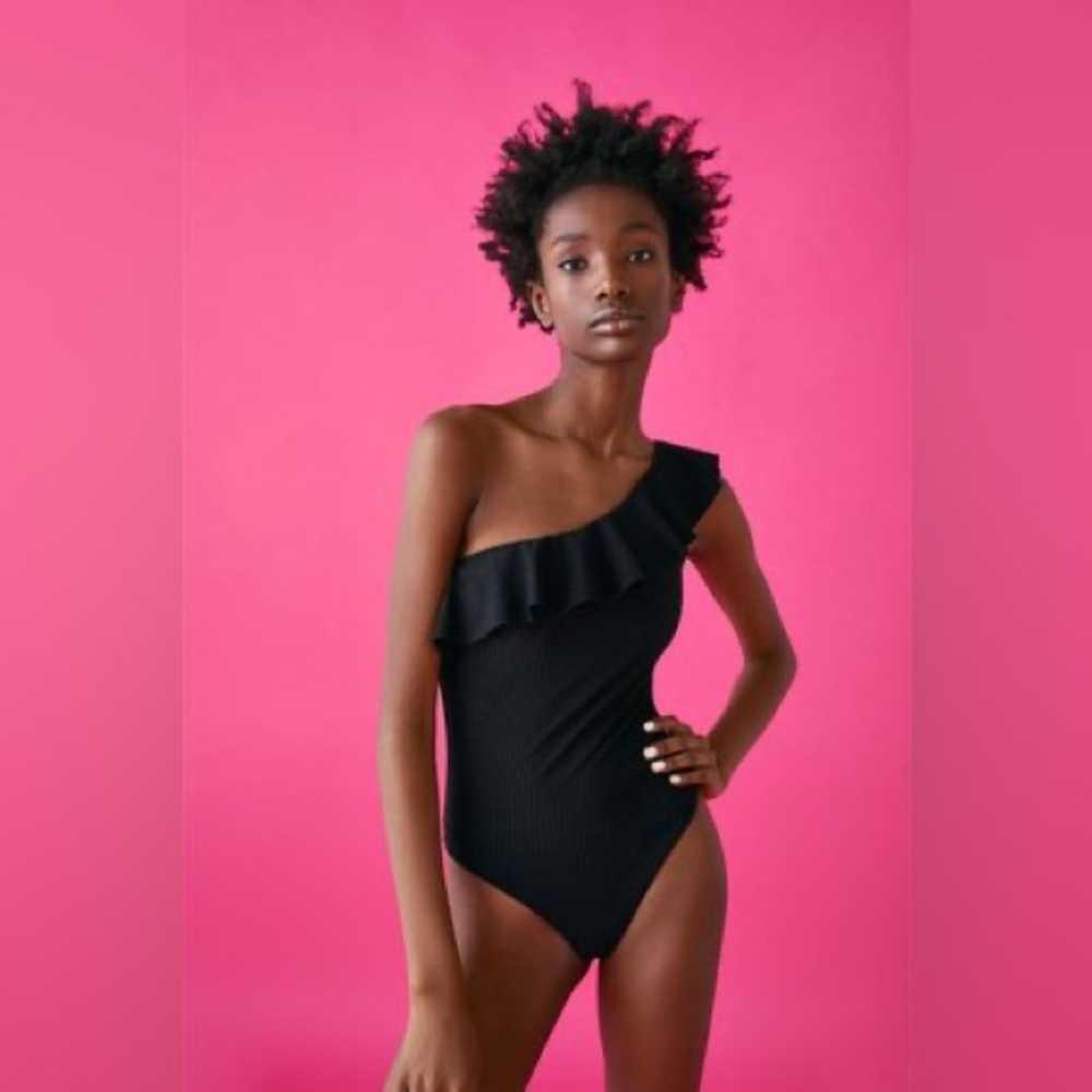Zara Off the Shoulder Ruffle Black One Piece Swimsuit